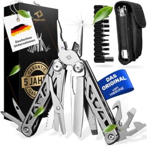 TREKLINE Premium Multitool aus rostfreiem Edelstahl mit 27 Funktionen, ideal für Camping und Outdoor-Aktivitäten, ergonomisches Design und vielseitige Anwendungen.