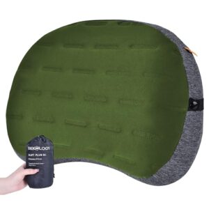 TREKOLOGY ALUFT Plus SE aufblasbares Campingkissen in grün und grau, ergonomisch geformt für Komfort beim Wandern und Reisen, mit abnehmbarem und waschbarem Bezug.
