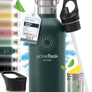 Edelstahl Trinkflasche mit Strohhalm, Infuser und 3 Deckeln; BPA-frei und auslaufsicher, ideal für Sport und Outdoor-Aktivitäten.