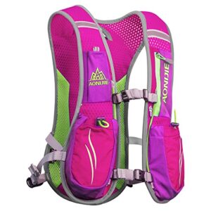 Ergonomischer Trinkrucksack für Laufen und Outdoorsport in pink und grün mit atmungsaktiven Schultergurten und seitlichen Taschen für Wasserflaschen.