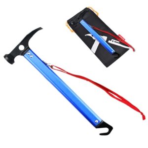 Leichter blauer Camping Hammer aus Aluminium mit ergonomischem Griff, ideal für das Setzen von Zeltheringen und das Herausziehen von Nägeln, vor schwarzer Tragetasche.
