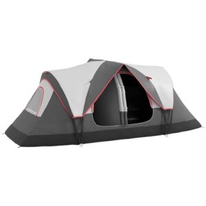 Geräumiges Tunnelzelt für 6-8 Personen in Grau mit Meshfenstern und Lichthaken, ideal für Camping und Outdoor-Aktivitäten.