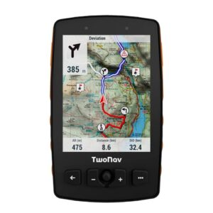 TwoNav Aventura 2 Plus Handheld-GPS-Gerät mit 3,7-Zoll-Breitbild, ideal für Outdoor-Aktivitäten wie Bergsteigen, Trekking und Wandern, in orange mit detaillierter topografischer Karte auf dem Display.