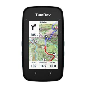 TwoNav Cross Plus Outdoor GPS Gerät mit 3,2-Zoll Bildschirm, ideal für MTB, Fahrrad, Trekking und Wandern. Das Bild zeigt eine topografische Karte mit Navigationsinformationen und ergonomisch gestalteten Tasten.