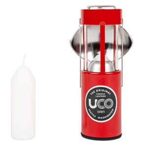 UCO Unisex Kerzenlaternen Set in Rot, bestehend aus zwei Campinglaternen mit 9-Stunden-Notfallkerzen und Lichtreflektor, ideal für Outdoor-Aktivitäten.