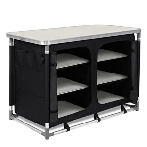 Faltbare Campingküche mit Aluminiumgestell und mehreren Regalfächern für Outdoor-Kochen, kompakt und tragbar, ideal für Camping und Outdoor-Aktivitäten.