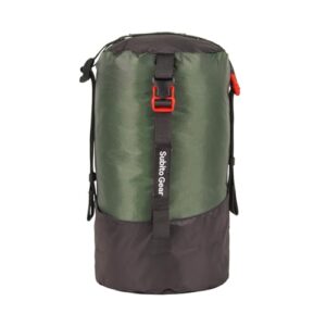 Ultraleichter Kompressionssack in grün für Camping und Outdoor-Aktivitäten, bietet 40% mehr Stauraum und ist wasserfest, erhältlich in verschiedenen Größen 1L, 5L, 7L, 17L und 25L.