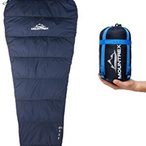 Ultraleichter Mumienschlafsack in Marineblau mit himmelblauen Akzenten, ideal für Camping und Outdoor-Aktivitäten, gezeigt in ausgeklappter und verpackter Form.