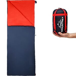 Ultraleichter Schlafsack mit kleinem Packmaß von 28 x 15 cm und 700 g Gewicht, in leuchtendem Rot und Dunkelblau, ausgeklappt und verpackt in einer kompakten und transportfreundlichen Form.