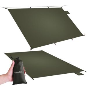 Ultraleichte 4000mm wasserdichte Zeltbodenplane in olivgrün, ideal für Camping, Wandern und Picknicks mit Befestigungsmöglichkeiten und kompaktem Design.