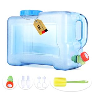Umikk 12L Camping Wasserkanister mit Hahn, ergonomischen Griffen und transparentem Design, ideal für Outdoor-Aktivitäten und Trinkwasserspeicherung.