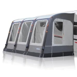 Unikka Wonderland aufblasbares Vorzelt für Wohnwagen und Wohnmobile, 390 cm, mit großen Fensterfronten, dunklen und hellen Stoffelementen und orangefarbenen Befestigungsbändern, ideal für Campingaktivitäten.