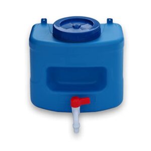 Varile 10L Wasserspender mit Seifenablage aus wetterfestem Kunststoff für Camping und Outdoor-Aktivitäten, mit rotem Auslaufhahn und praktischem Tragegriff.