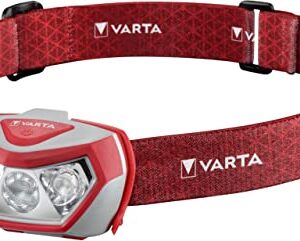 VARTA Stirnlampe LED in Rot mit drei Leuchtmodi, spritzwassergeschützt, dimmbar und schwenkbarem Kopf, geeignet für Outdoor-Aktivitäten.