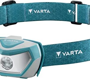 VARTA Stirnlampe LED im kompakten blauen Design, ideal für Outdoor-Aktivitäten wie Camping, Wandern und Radfahren, spritzwassergeschützt mit zwei Leuchtmodi und schwenkbarem Kopf.