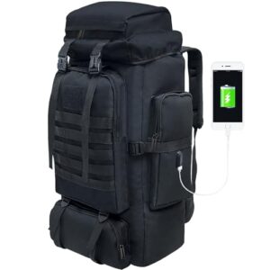 Vaupan 80L Wandern Rucksack in Schwarz, ideal für Camping und Outdoor-Aktivitäten, mit MOLLE-System und USB-Anschluss.