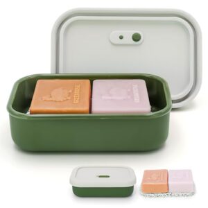 Verbesserter auslaufsicherer Reise-Seifenbehälter aus Silikon in modernem Design mit zwei Seifenstücken in orange und lila, ideal für unterwegs.