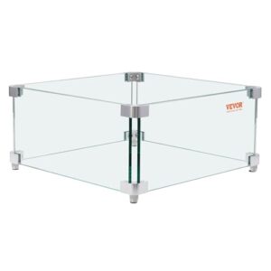 Transparentes Windschutzpaneel aus 8 mm dickem Glas für quadratische Gas-Feuerstellen, 380 x 380 x 180 mm, mit stabilen Aluminiumverbindungen und rutschfesten Gummipads.