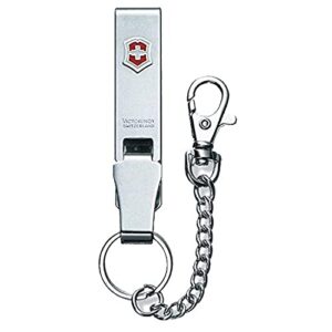 Victorinox Gürtelanhänger Multiclip aus robustem Metall mit glänzender Oberfläche und Karabinerhaken zur sicheren Befestigung von Taschenmessern und Accessoires am Gürtel.