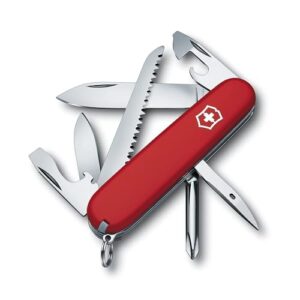 Victorinox Schweizer Taschenmesser Hiker in auffälliger roter Farbe, ausgestattet mit 13 Funktionen wie Klinge, Dosenöffner und Schraubendreher für vielseitige Outdoor-Aktivitäten.