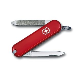 Victorinox Schweizer Taschenmesser Klein Escort, kompaktes Multitool mit 6 Funktionen, inklusive Klinge, Schraubendreher, Ring, Pinzette und Zahnstocher, in leuchtendem Rot.