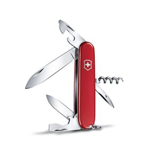 Victorinox Schweizer Taschenmesser Spartan mit rotem Griff, ausgeklappten Werkzeugen, darunter Klinge, Schraubendreher, Doseöffner und Korkenzieher, auf hellem Hintergrund.