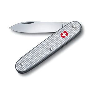 VICTORINOX Schweizer Taschenmesser Swiss Army 1 aus rostfreiem Stahl in elegantem Silber mit charakteristischer Riffelung und Schweizer Kreuz, ideal für Outdoor-Aktivitäten und Alltag.