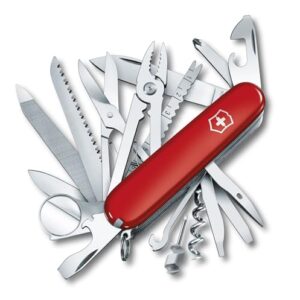 Victorinox Swiss Champ Schweizer Taschenmesser mit zahlreichen Funktionen auf weißem Hintergrund, inklusive Klinge, Korkenzieher, Schraubendreher und mehr.