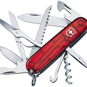 Victorinox Schweizer Taschenmesser Huntsman in geöffneter Position mit sichtbaren Werkzeugen, inklusive Klingen, Schere und Korkenzieher, vor einem weißen Hintergrund.
