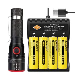 VISVIC Helle Taschenlampe mit Universal-Ladegerät und 4 wiederaufladbaren 18650-Batterien, tragbar und kompakt, ideal für Camping und Wandern.