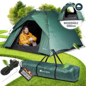 Vulnora Pop Up Zelt für 4 Personen in grüner Wiese aufgestellt, wasserdicht mit 5000 mm Wassersäule, perfekt für Outdoor-Abenteuer.
