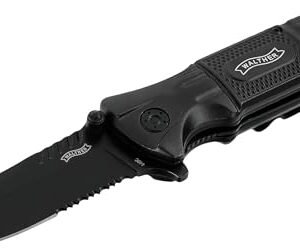 Walther Black Tac Knife mit Linerlock-Verriegelung, Spearpoint-Klinge aus 440C und integriertem Glasbrecher am Griffende. Das Taschenmesser präsentiert sich in modernen, schwarz-ergonomischen Design und bietet vielseitige Einsatzmöglichkeiten für Outdoor-Abenteuer und Notfallsituationen.