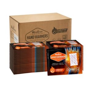 Verpackung der WarmSpark Handwärmer mit 40 Paar Taschenwärmern, die bis zu 12 Stunden wohltuende Wärme bei 55°C bieten. Ideal für kalte Tage und Outdoor-Aktivitäten.