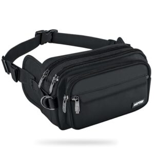 Schwarze wasserdichte Bauchtasche mit 5 Einzelfächern, ideal für aktive Männer und Frauen, perfekt für Hundespaziergänge, Reisen und Outdoor-Aktivitäten.
