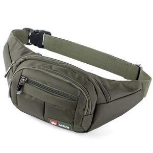 Wasserdichte Bauchtasche in Olivgrün, ideal für Outdoor-Aktivitäten, Sport und Reisen. Strapazierfähiges Material mit zwei Reißverschlusstaschen und einstellbarem Gürtel.