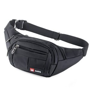 Schwarze wasserdichte Bauchtasche für Reisen, Sport und Outdoor-Aktivitäten mit mehreren Fächern und robustem Reißverschluss.
