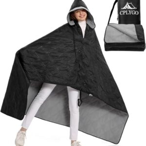 Wasserdichte Fleecedecke in Schwarz für Outdoor Aktivitäten, ideal für Picknicks, Camping und Yoga, mit Kapuze und umweltfreundlichen Materialien, Größe 145 x 190 cm.