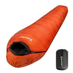 Moderne, wasserabweisende Mumienschlafsack in intensivem Orange für Outdoor-Abenteuer, geeignet für 3-4 Jahreszeiten und Temperaturen bis -10°C.
