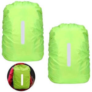 Zwei wasserdichte Rucksacküberzüge in leuchtendem Grün zum Schutz von Rucksäcken vor Regen und Nässe, ideal für Schule und Outdoor-Aktivitäten.