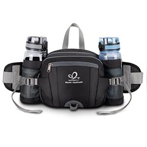 Wasserfeste Gürteltasche mit Flaschenhaltern, ideal für Outdoor-Aktivitäten wie Wandern und Joggen, mit mehreren Fächern und verstellbarem Gurt.