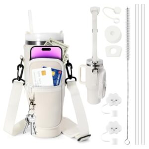 LUOJINYI Wasserflaschenhalter Tasche in Cream Weiß für Stanley Tumbler. Praktische Tragetasche mit verstellbarem Riemen, Taschen für Smartphone und Schlüssel, auslaufsicherem Zubehör und robustem Design.
