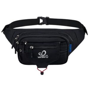 Schwarze WATERFLY Bauchtasche für Damen und Herren, ideal zum Laufen, Fitness und Wandern mit mehreren Reißverschlusstaschen und verstellbarem Gürtel.