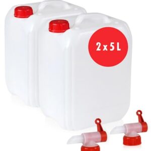 Höfer Chemie Wasserkanister Set bestehend aus zwei 5-Liter-Kanistern in Weiß, mit roten Schraubverschlüssen und Ablasshähnen - ideal für Camping und Flüssigkeiten.