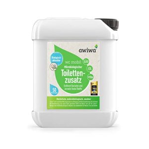 Mikrobiologische Sanitärflüssigkeit für Campingtoiletten in einem weißen quadratischen Kanister mit grünem und blauem Etikett, umweltfreundlich und biologisch abbaubar.