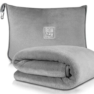 Graue weiche und warme Reisedecke mit passender Tasche, ideal für Reisen mit Flugzeug oder Auto - vielseitiges 2-in-1 Design als Decke und Kissen.