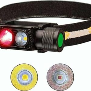 Wiederaufladbare weneasker LED Kopflampe D25LR mit rotem Licht und hellem weißen Licht, montiert auf einem elastischen Kopfband, ideal für Joggen und Campen.