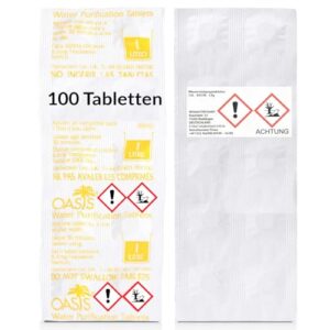Verpackung von 100 Water Purification Tablets für die Trinkwasseraufbereitung, geeignet für Camping und Notfälle, mit klaren Anweisungen zur Anwendung.