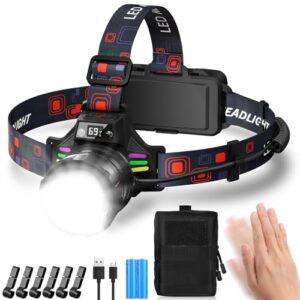 Leistungsstarke wiederaufladbare Stirnlampe mit 100000 Lumen, 3 Lichtquellen und Bewegungssensor, ideal für Camping, Angeln und Outdoor-Aktivitäten.