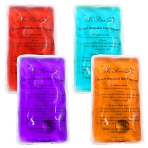 Vier wiederverwendbare Handwärmer in verschiedenen Farben (Rot, Blau, Grün und Lila) in einer transparenten Hülle, ideal für den Einsatz bei kaltem Wetter, Camping und Outdoor-Aktivitäten.