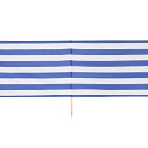Strandmarkise in Blau und Weiß mit Holzstäben zur Stabilisierung, ideal als Sichtschutz am Strand, 8 m lang.